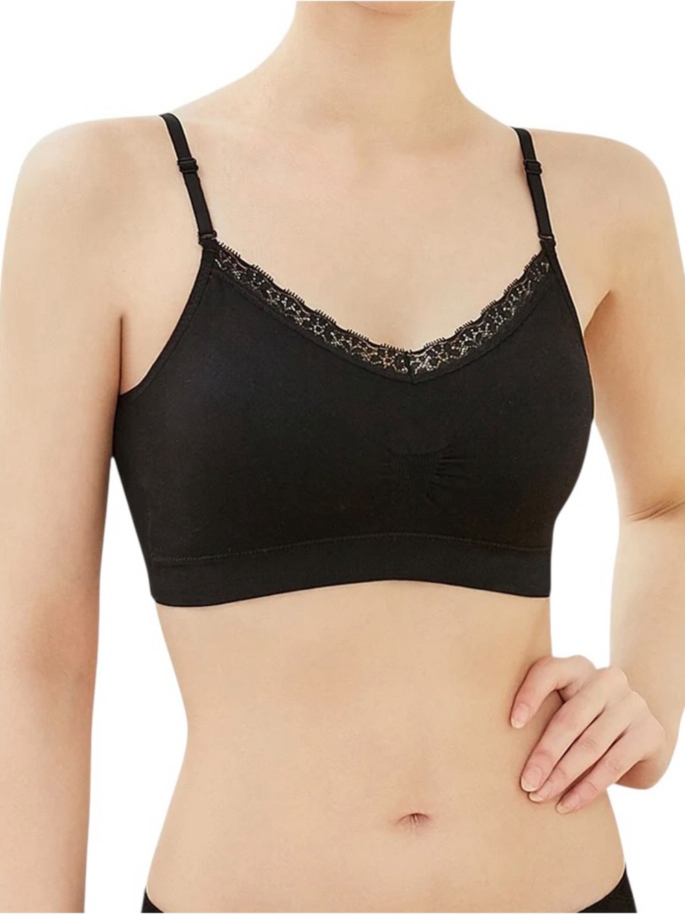Coobie V-neck Lace Trim Seamless Wire-Free Bra Black Style# 9042 One Size NWT